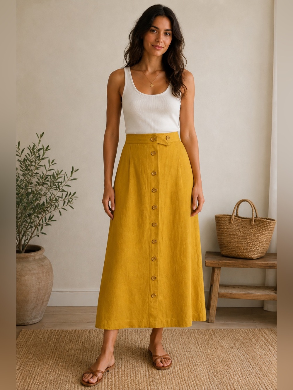 Linen blend Mustard Button-Front Maxi Skirt